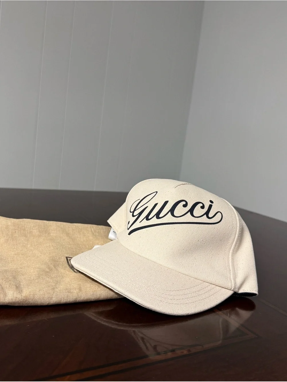 Gucci Cream Baseball Cap with Black Script Logo